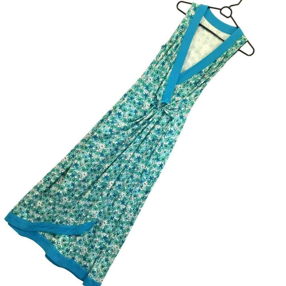 Lands' End Maxi Dress Blue Floral Sleeveless Deep V-Neck Casual Women's Sz Small
